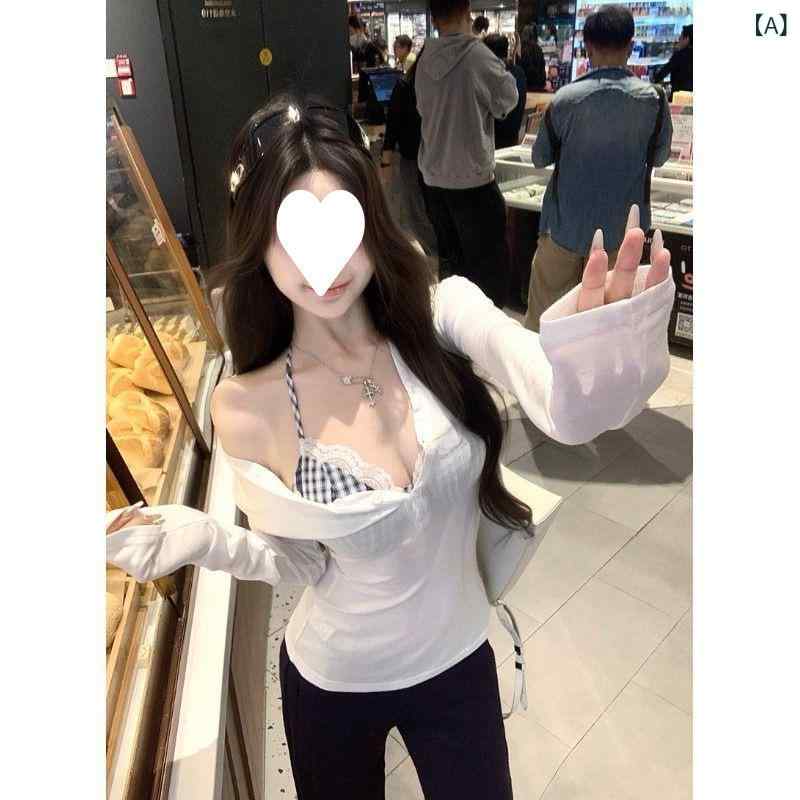 セットアップ レディース Vネック な 欲 風の 白い v ネックの 修身は やせている 長袖の t シャツ レディース 春夏の 重ね 着の 格子の 首の ストラップの 上着の 2つの セットを 現します。