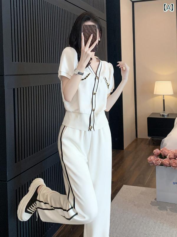 セットアップ レディース Vネック お姫様 範 カジュアル ファッション スーツ 女性 v ネック 2025 新型 洋 気 顕 痩せ ワイド パンツ 2点 セット り