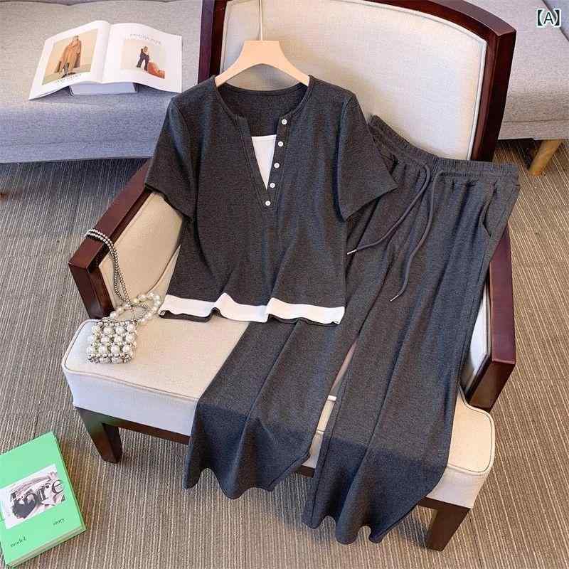 セットアップ レディース Vネック カジュアル スポーツ スーツ 女性 2025 夏型 v ネック フェイク 2枚 半袖 上着 ストレート ワイド パンツ 2枚 セット