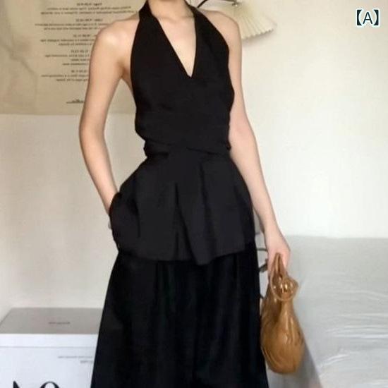 セットアップ レディース Vネック フランスの 黒い v ネックの 首の 袖なしの シャツ レディース 夏の 高級 感のは ウエストの ひもの 露 背中の 上着の スーツを 収めます。