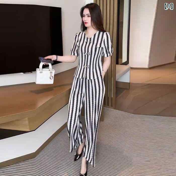 セットアップ レディース Vネック 洋 気 盤 ボタン v ネック 半袖 広 脚 ズボン ファッション スーツ 女性 2024 夏の新 貴婦人 2点 セット