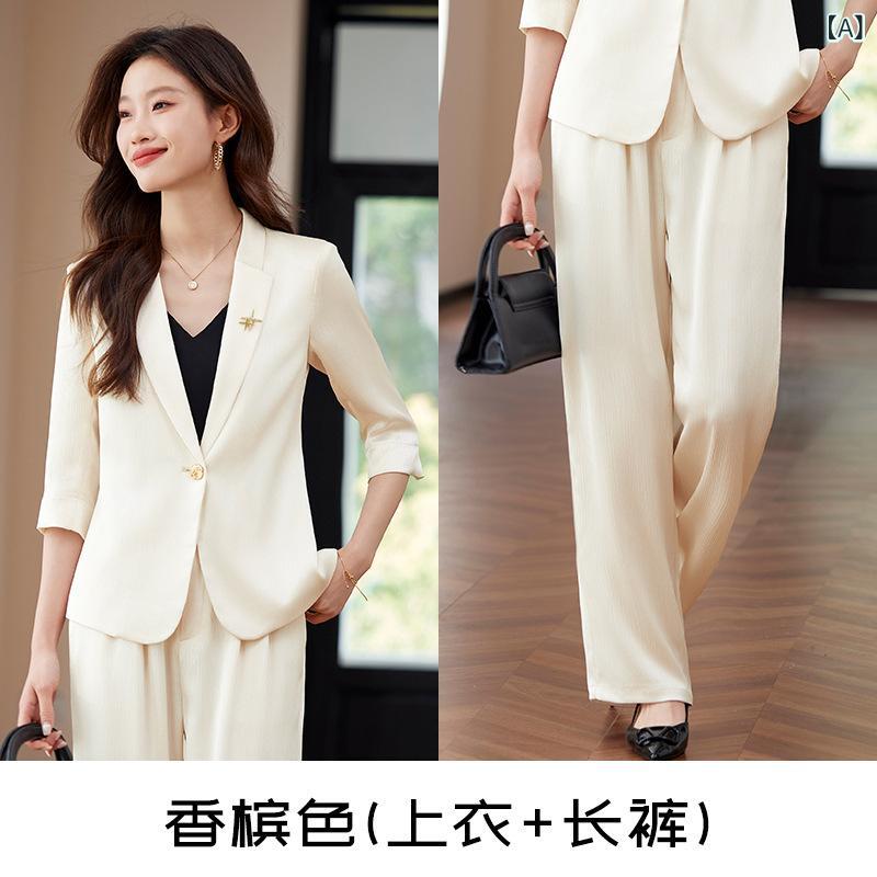 セットアップ レディース Vネック サテンの シフォン 七分袖の 小さい スーツ コートの レディース 春夏の 薄手 タイプの 正装 のの 高級 感の ファッションの スーツ スーツ スーツ