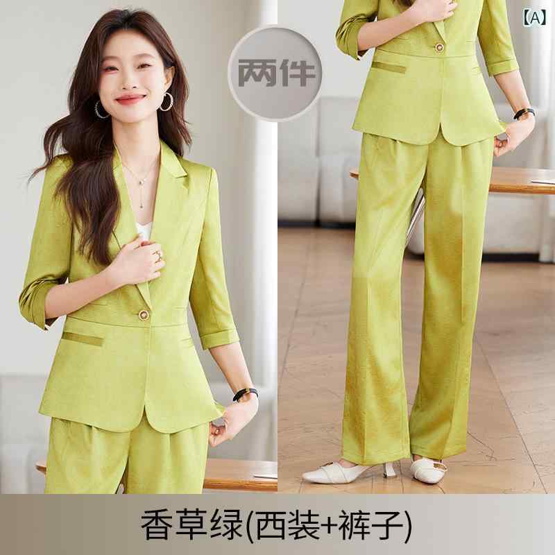 セットアップ レディース Vネック サテンの 薄手 タイプの 七分袖の スーツ レディース 春夏 2025 新型の 高級 感の ファッションの カジュアル スーツ ワイド パンツ