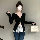 セットアップ レディース Vネック 大きいサイズ 太った MMは やせている ギャルの レースの ガーターの 黒色の オープン フォーク v ネックの 長袖の t シャツ 上着を 重ねて 2 セットの レディース 秋を 着ます。