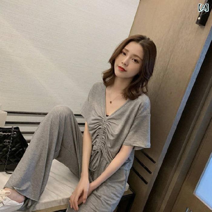 セットアップ レディース Vネック スポーツ スーツ レディース 夏の 新型 v ネック 半袖 ワイド パンツ 2点 セット 韓国 ゆるい 女性 カジュアル ファッションx2