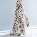ワンピース レディース 大きいサイズ ゆったり ボヘミアン ノースリーブ ラウンドネック リーフ柄 プリント ミモレ丈 Aライン 綿麻混 春夏 普段使い