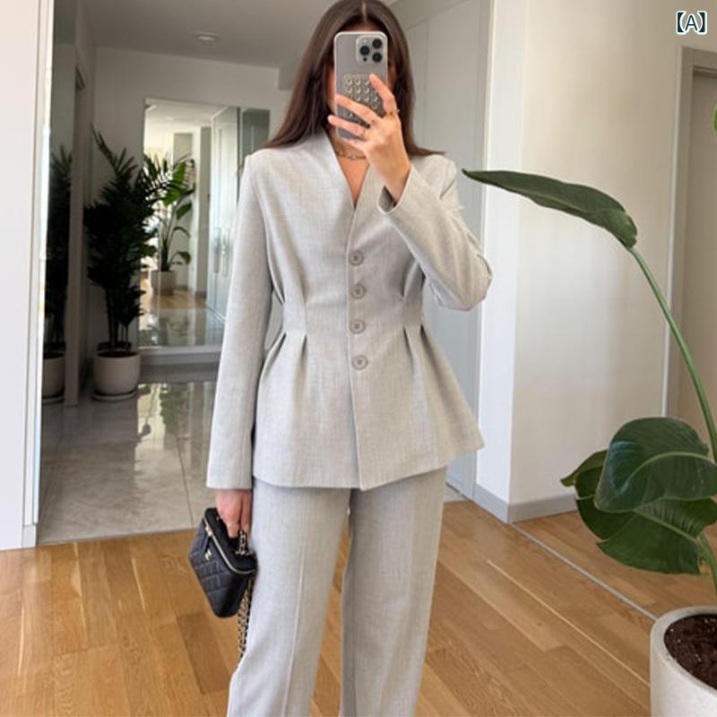 セットアップ レディース Vネック 2025 欧米 のの レディースの 対外の 新型の 色の 長袖の v ネックの ボタンの 上着の ストレートな ズボンの スーツ