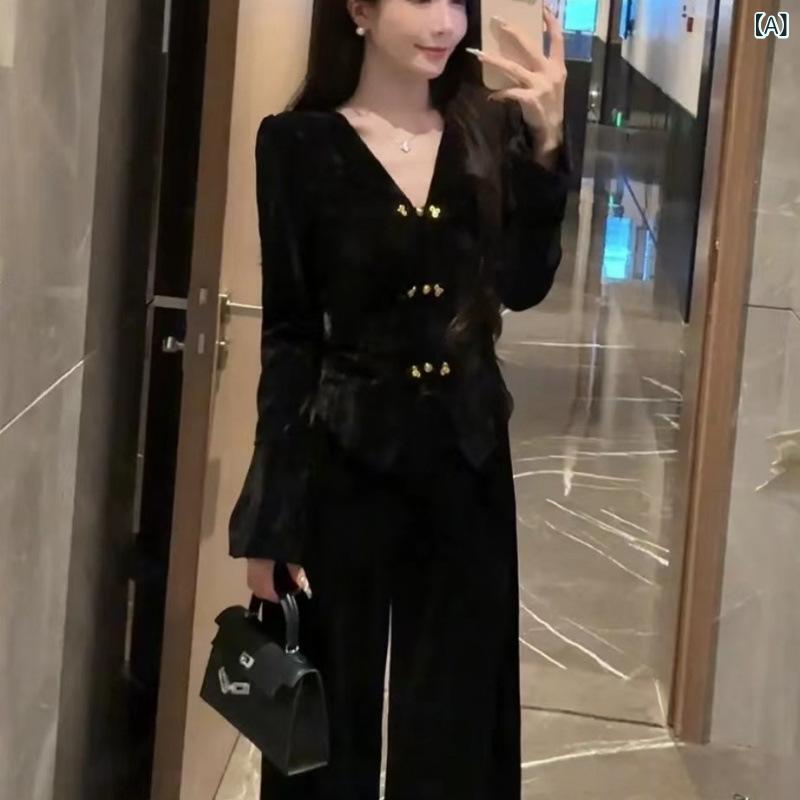 セットアップ レディース Vネック 名 媛 軽 熟 風 スーツ 女性 秋冬 ベルベット新 v ネック 上着 広 脚 ズボン 2点 セット ベルベット 女装