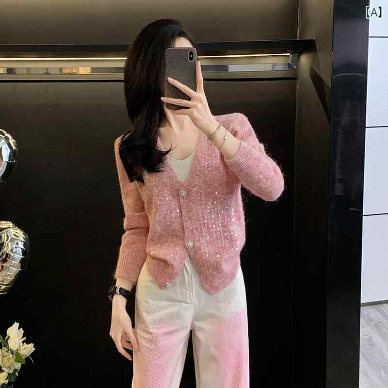 セットアップ レディース Vネック 洋 気 減 齢 ファッション スーツ 女性 2025 春 高級 軽 贅沢 ピンク v ネックカーディガン 広 脚 ジーンズ 2点 セット