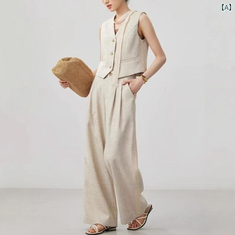 セットアップ レディース Vネック 2025 春夏の 韓国 ファッション スーツ 女性 リボン v ネックノースリーブ ベスト ハイウエスト 着 痩せ ワイド パンツ 2点 セット