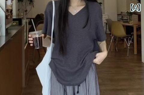 セットアップ レディース Vネック ロング 半袖 Vネック Tシャツ 夏 ストライプ カジュアル パンツ ワイド レッグ パンツ スタイル カジュアル スポーツ スーツ 女性用