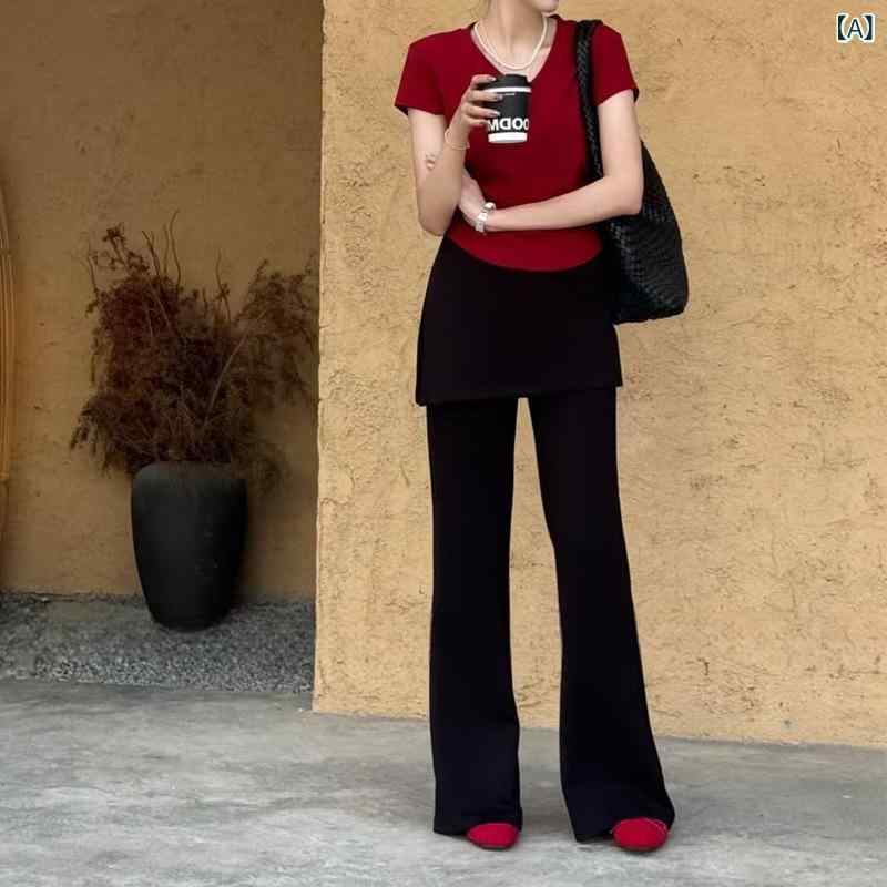 セットアップ レディース Vネック 赤い v ネックの 肩の 半袖の t シャツ 2025 春の 爆発的な おならの カーテンの ラッパの ズボンの モップの 広い 足の ズボンの 2つの セットの 女性x2