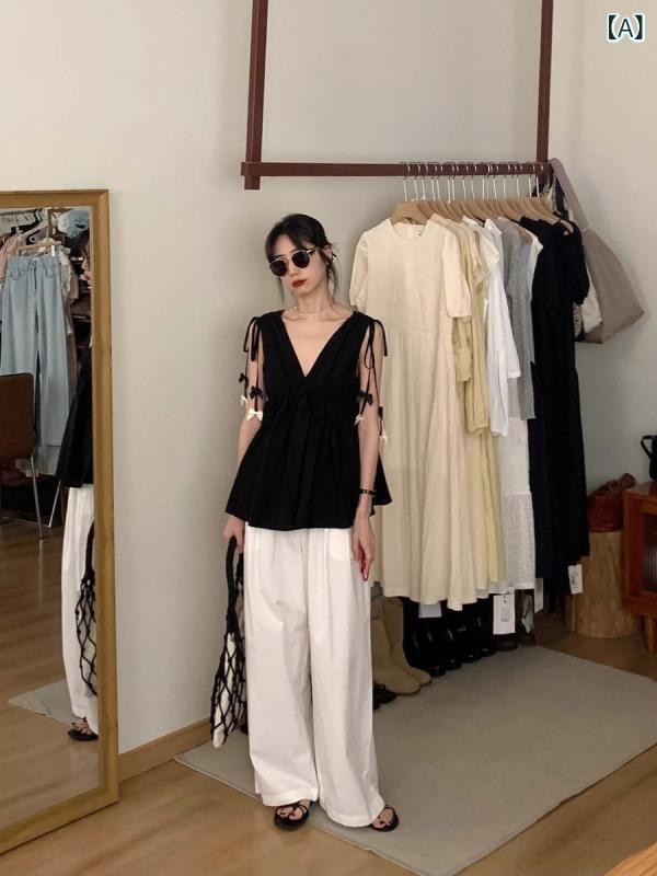 セットアップ レディース Vネック クール 風 塩 系 ファッション スーツ 女性 夏 2025 新型 韓国 系 v ネック シャツ 付き ワイド パンツ 2点 セット