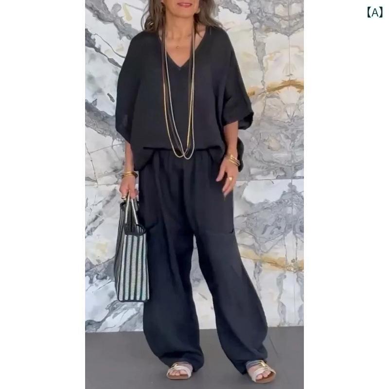 セットアップ レディース Vネック 2025 欧米の 新型 独立 駅 女性 カジュアル v ネック ゆるい ポケット中 袖 綿 麻 セットx2