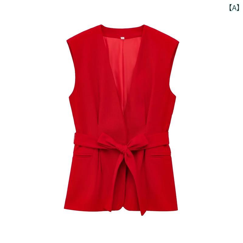 セットアップ レディース Vネック 赤い スーツ レディース 春の 夏の 新型の 欧米風 v ネックの 袖なしの ベルトの ベストの ゆったりした ストレートの ズボン