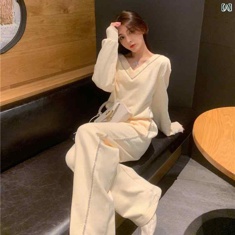 セットアップ レディース Vネック カジュアル スポーツ スーツ 女性 2024 春秋 v ネック スリム スリム ガードル ワイド パンツ 2点 セット ブーム