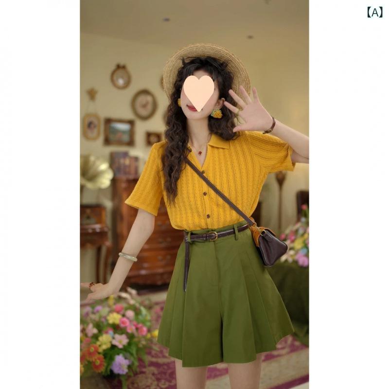 セットアップ レディース Vネック 小柄な 港の 味の スーツ レディース 夏の レトロ 襟の 上着の セットは 緑色の 短い ズボンに 乗ります。