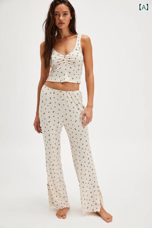 セットアップ レディース Vネック 2025 欧米の v ネック パジャマの 小さい 花の プリントの ズボンの 家庭 服の スーツ 婦人服の 2つの セット