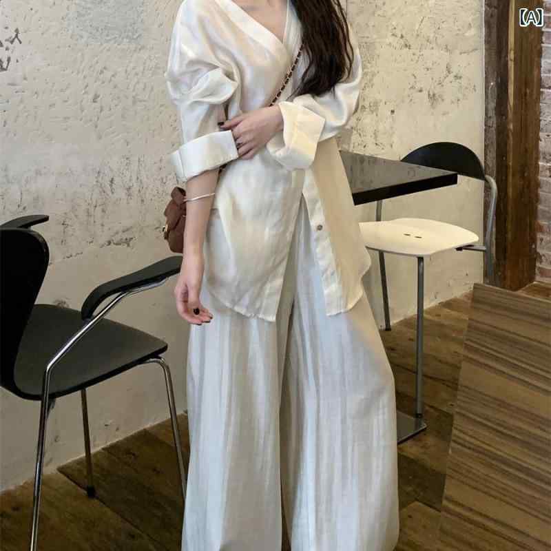 セットアップ レディース Vネック な 風の スーツ v ネックの 長袖の シャツ 上着の レディース 春秋高 腰の カジュアル ズボンの ズボンの 2つの セット