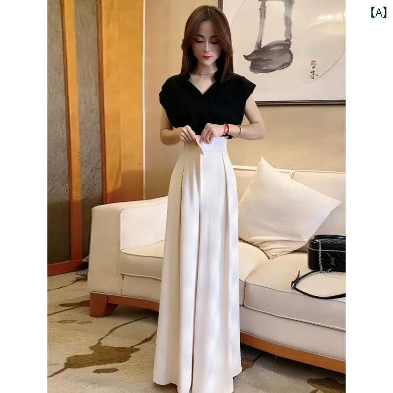 セットアップ レディース Vネック 夏服は な Vネックトップス + ハイウエスト ストレート ワイド レッグ パンツの 2点 セットで 構成 されています。