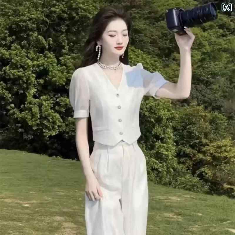 セットアップ レディース Vネック 【 2850人 コレクション】 2025夏 ファッション スーツ 女性 フランス v ネック 泡 袖 通勤