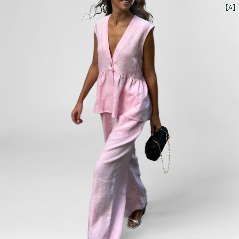 セットアップ レディース Vネック 2025 春の 新型 v ネック ボタン ノースリーブ 上着 馬 甲 ズボン 通勤 スーツ 女性