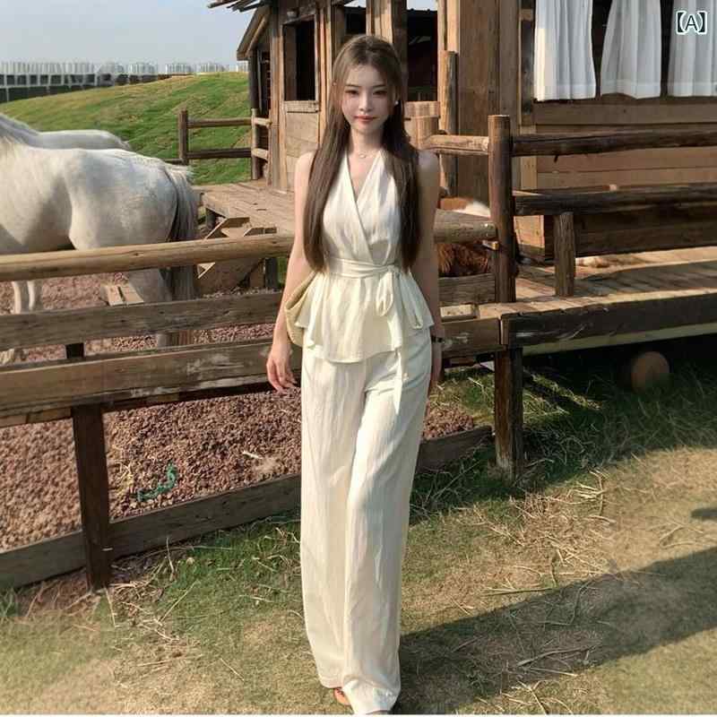 セットアップ レディース Vネック フランスの 感 v ネックの ベストの 上着の高 腰の ワイド パンツの 2つの セットの レディース 夏は セットを 着ます。