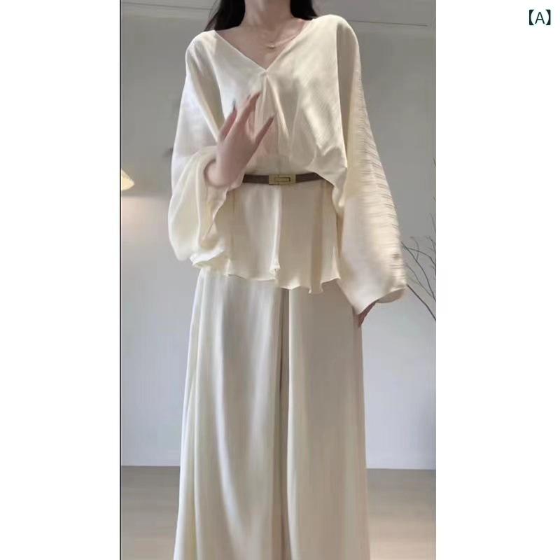 セットアップ レディース Vネック スーツ 女性 2025 早 秋型 高級 感の ある v ネックの ゆったりした シャツ 上着は 腰が 高くて 痩せています。