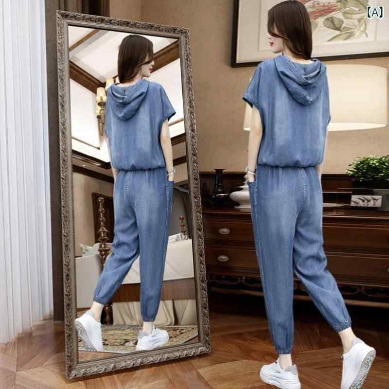 セットアップ レディース Vネック 夏の 薄手 タイプの デニムの スーツ レディース 2024 新型の 洋 気は 年齢を 減らします。