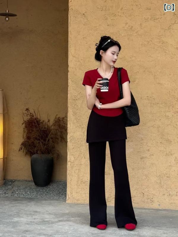 セットアップ レディース Vネック 赤い v ネックの 肩の 半袖の t シャツ 2025 春の 爆発的な おならの カーテンの ラッパの ズボンの モップの 広い 足の ズボンの 2つの セットの 女性