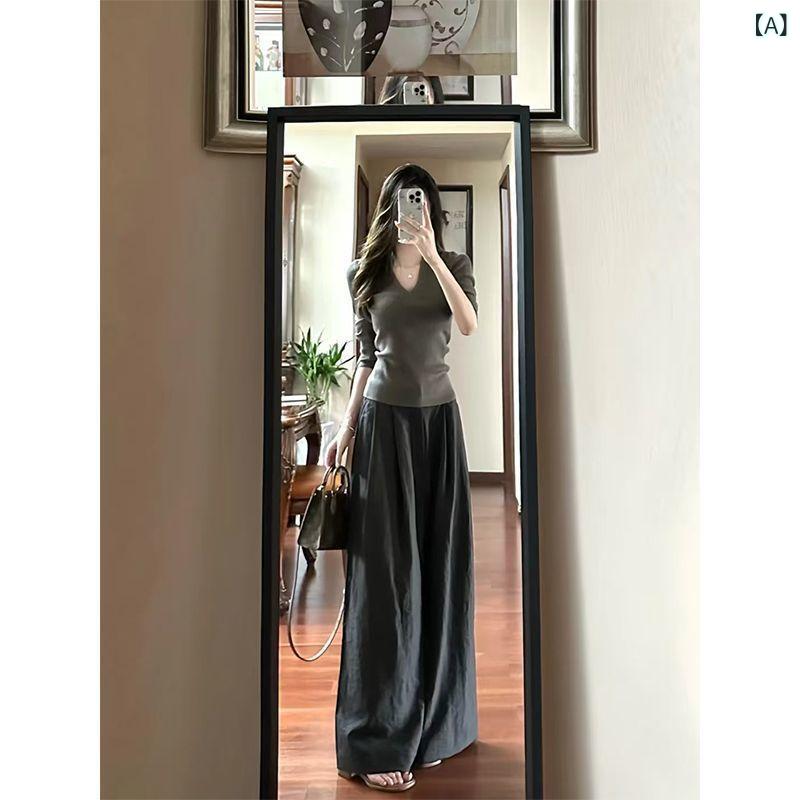 セットアップ レディース Vネック 女性 セット 2025 秋型 欲 風 修身 v ネック ニット 長袖 上着高 腰 痩せ ワイド パンツ