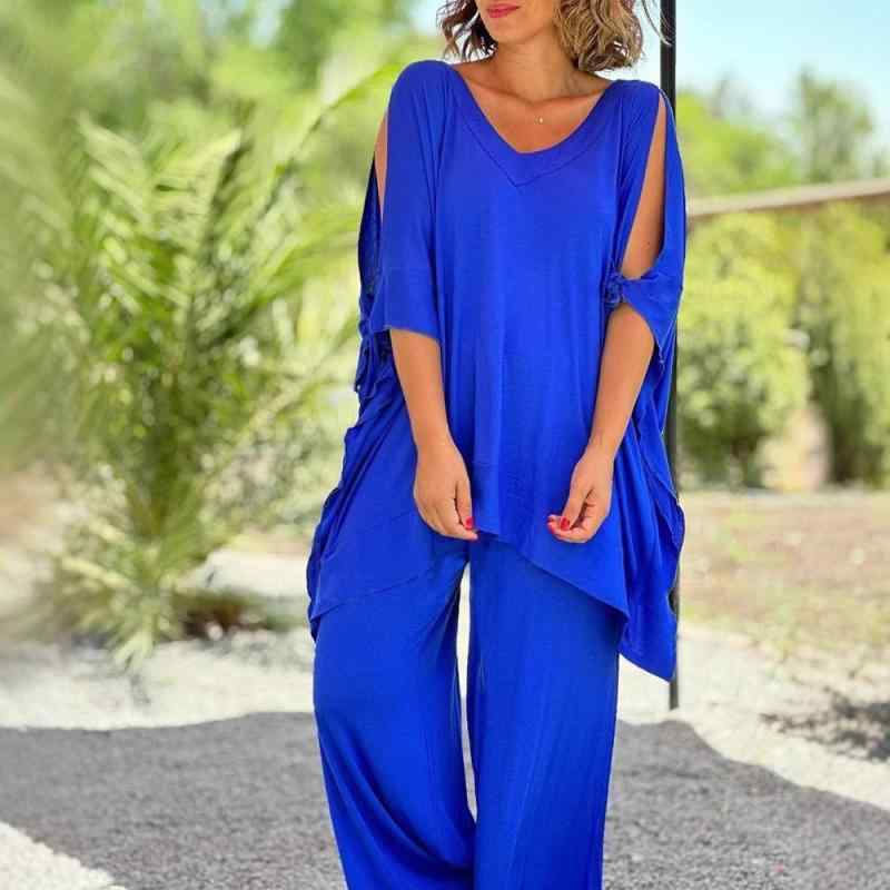 セットアップ レディース Vネック 欧米の クロスボーダー 婦人服 2点 セット 女性 夏の v ネック 五分丈 袖の ゆったり カジュアル 色 ズボンの ワイド 脚 セット