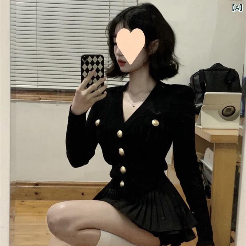 セットアップ レディース Vネック 黒い ニットの カーディガンの レディース 春の 韓国 系の ギャルの v ネックのの 修身は やせている 長袖の 短い コートの スーツを 現します。