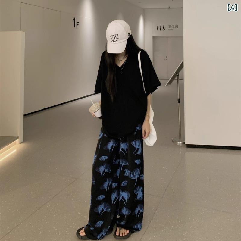 セットアップ レディース Vネック な 風 シンプル 黒の ゆるい v ネック t シャツ セット 女性 夏 カジュアル 半袖 上着の ワイド パンツ 2点 セット