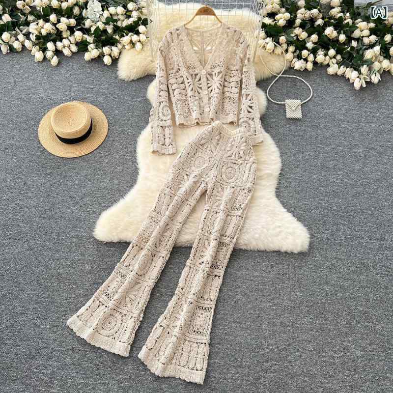 セットアップ レディース Vネック 韓 系は レディース 高級 感の 透かし彫りの フックの v ネックの 短い カーディガンの ニットの 上着の高 腰の カジュアル ズボンの 2つの セットを 着ます。x2