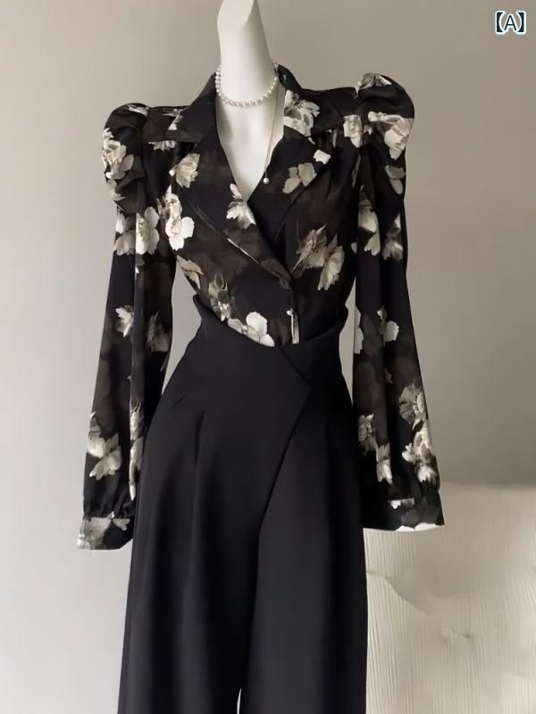 セットアップ レディース Vネック フランスの 感 v ネックの 花の 泡の 袖の シャツ 女性 2025 春夏の ハイウエストは やせています。