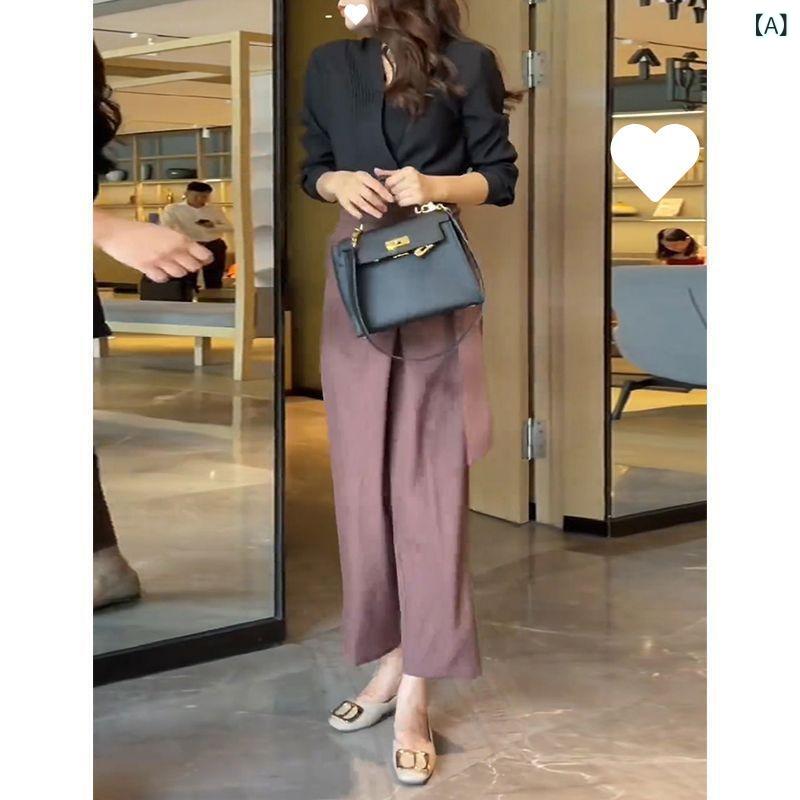 セットアップ レディース Vネック ファッション スーツ 高級 v ネック シャツ 女性 長袖 上着高 腰 カジュアル パンツ 新 韓国 2点 セット ファッション