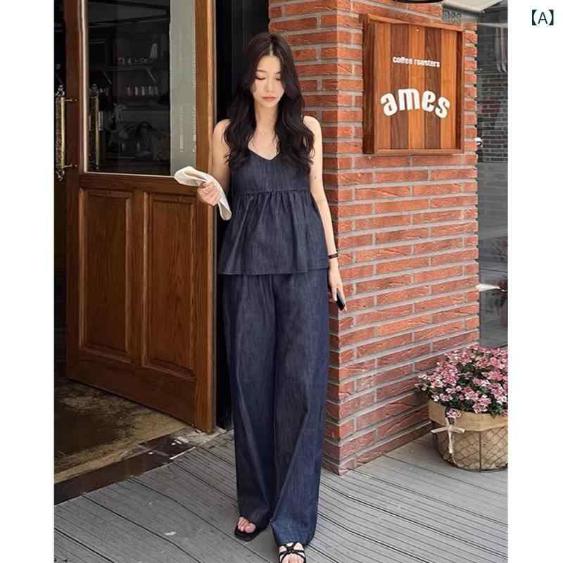 セットアップ レディース Vネック 韓国 chi レトロで シンプル v ネックの ゆったり デニムの キャミソール