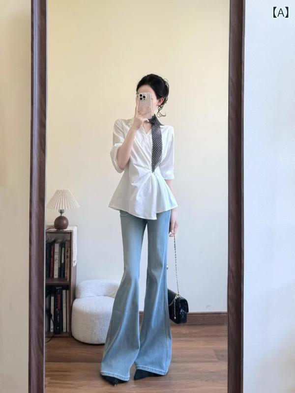 セットアップ レディース Vネック 韓国 系は 白い v ネック シャツを 着ています。