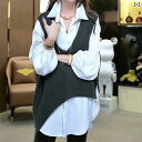 セットアップ レディース Vネック Z 5 T 春 欧 品 感 裾 v ネック ニット ベスト 女性 カジュアル ミディアム ロング シャツ 2点 セット