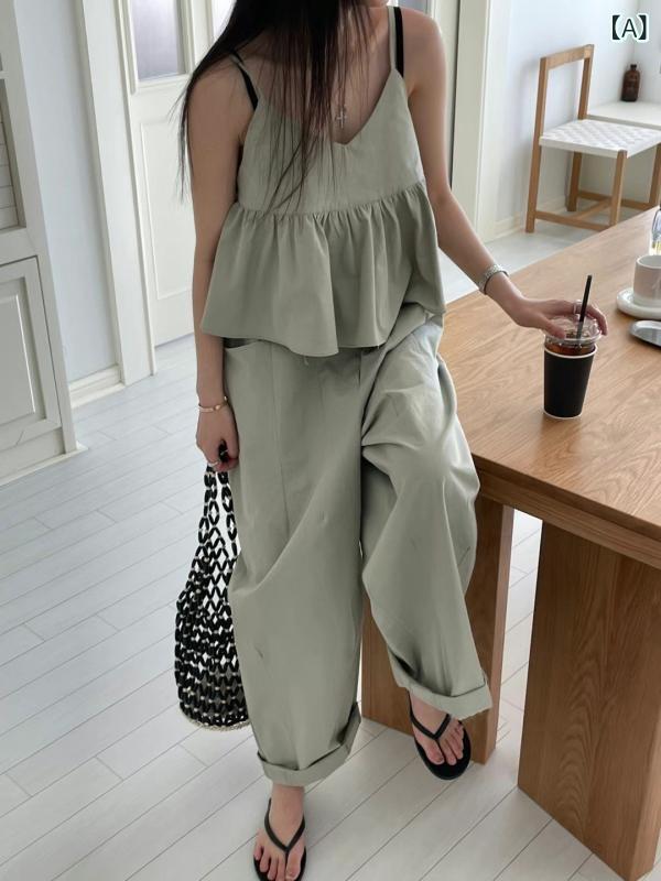 セットアップ レディース Vネック サイズが 更新 されました 韓国 Vネック サスペンダー トップ + ワイド レッグ カジュアル パンツ スーツ レディース スタイル