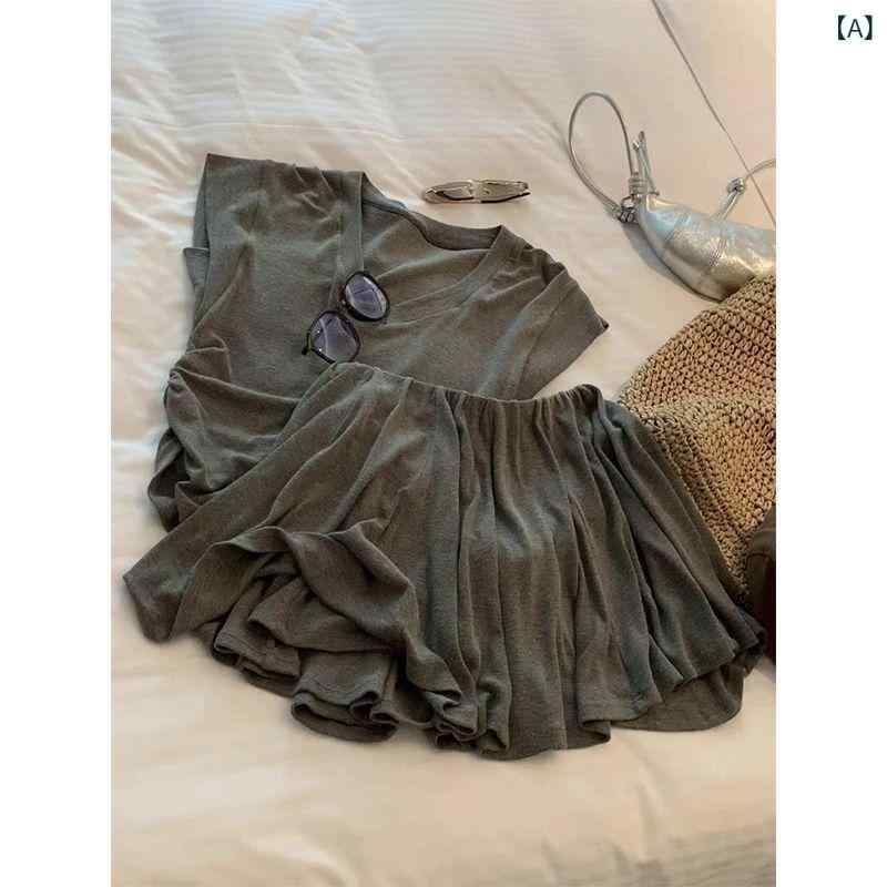 セットアップ レディース Vネック 韓国 系は だらだら しています。 カジュアル ニットの 2つの セットの レディース 夏 v ネック 半袖 t シャツ 上着の a 字の スカート