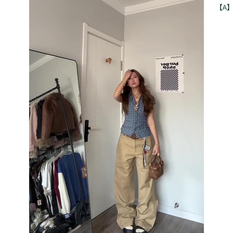 セットアップ レディース Vネック アメリカ レトロ小 衆 セットの レディース 夏の 修身は やせている v ネックの 半袖の 上着の 広 腿の ズボンの 高級 感の 2つの セットを 現します。