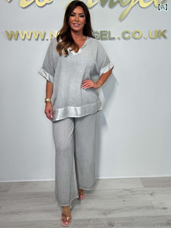 セットアップ レディース Vネック 2025 独立 駅 爆 品 レディースファッション カジュアル 大きいサイズ サテン トリム v ネック長 ズボン スーツ