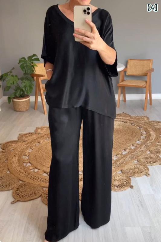 セットアップ レディース Vネック 2024 欧米の 夏型 独立 駅 速 売 通 ファッション 色 シルク v 襟 カジュアル スーツ 女性