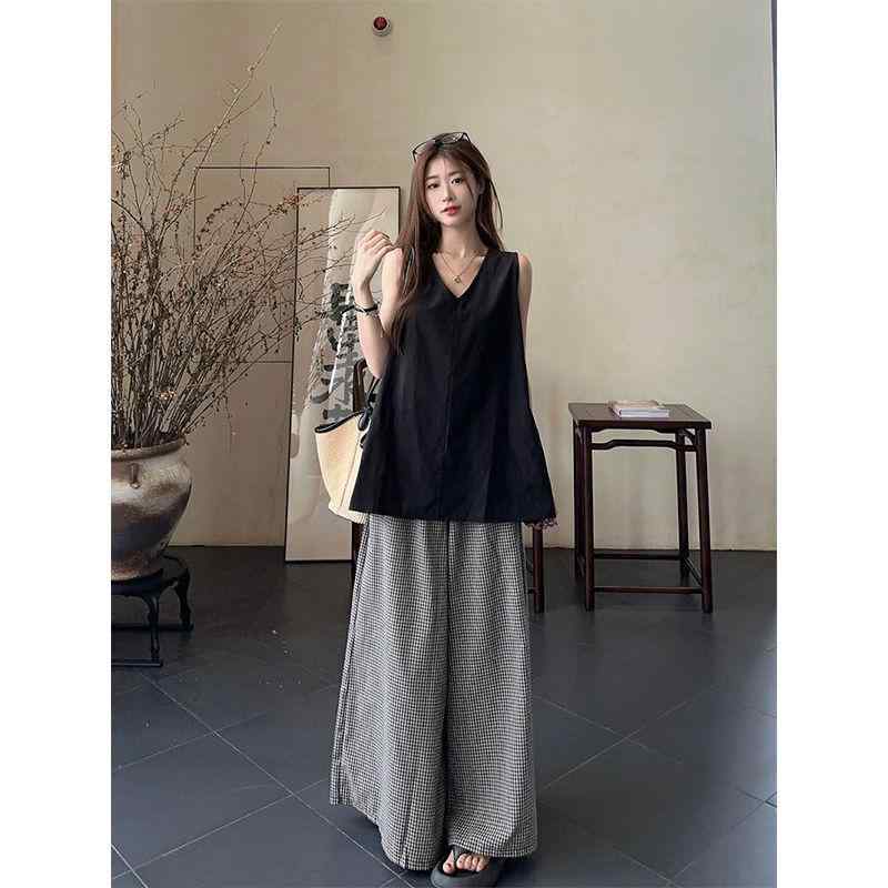 セットアップ レディース Vネック レトロ セット 女性 v ネックノースリーブ ベスト 2025 夏 格子 ワイド レギンス カジュアル パンツ 2点 セット