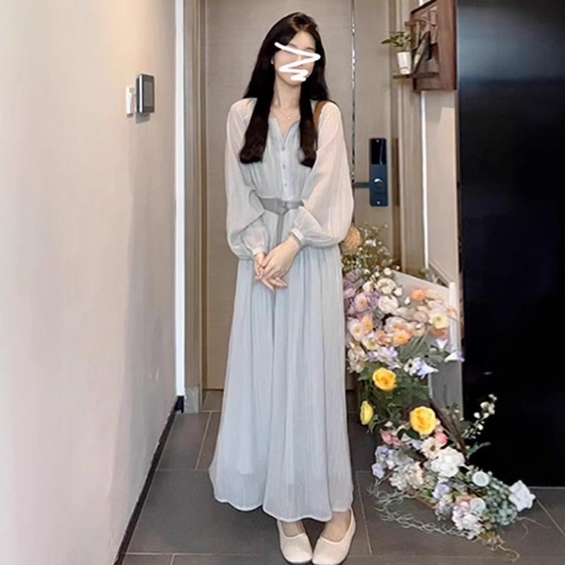 ロング スカート ウエストリボン 青い 長袖の ワンピースの レディース 春秋 茶 休 フランス 式の 釣り..