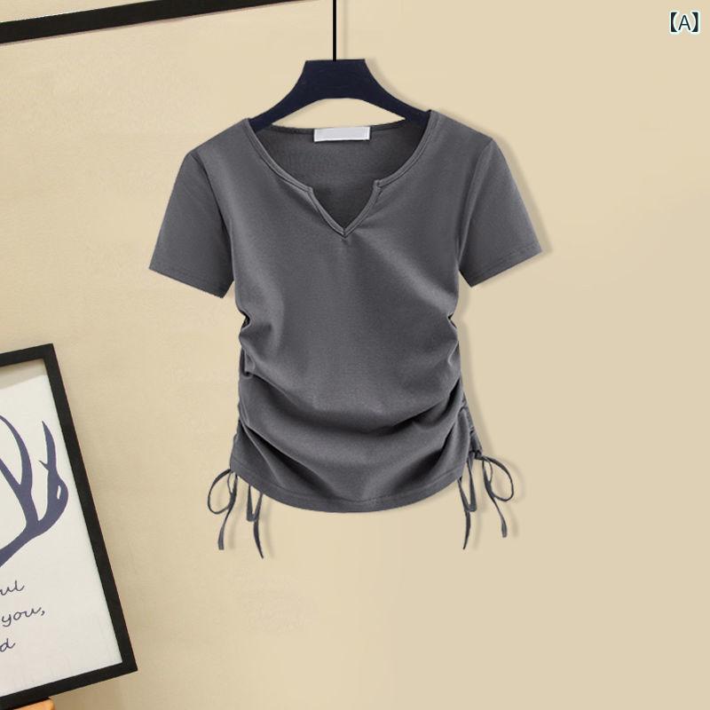 セットアップ レディース Vネック 感 爆発 街の 小柄 スーツ 女性 夏の 新型 v ネック 半袖 t シャツ マイクロ ラップ カジュアル パンツ 2点 セット