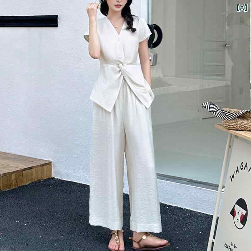 セットアップ レディース Vネック Vネック ツイスト ノースリーブシャツ ワイド レッグ パンツ シック ツーピース セット 不規則な ファッション スーツ レディース 夏の