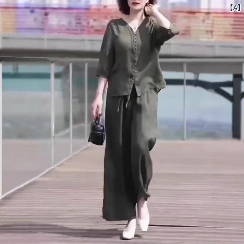 セットアップ レディース Vネック 25121 大 愛美 依 縁 2025 夏の 新型 レトロ v ネック 上着の ワイド パンツ 2点 セットが ゆったりして 痩せている 女性